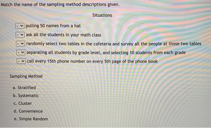 Match the name of the sampling method descriptions given