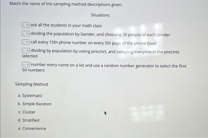 Match the name of the sampling method descriptions given