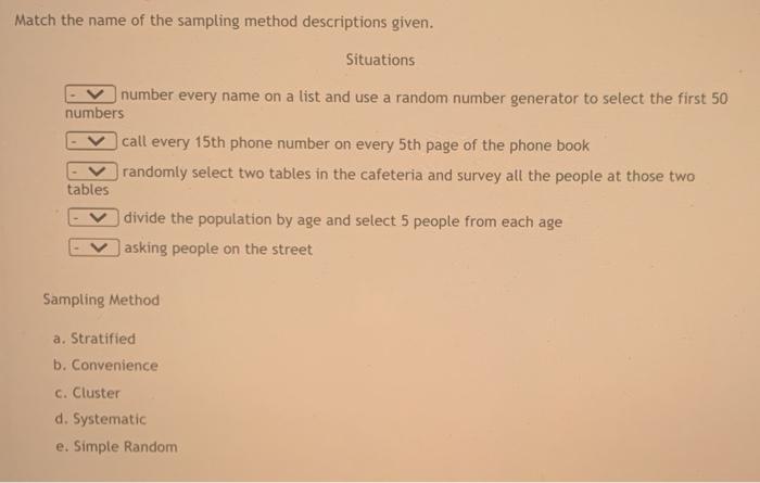 Match the name of the sampling method descriptions given